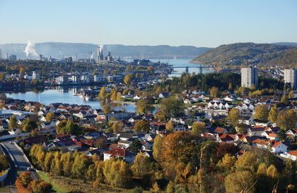 Oversiktsfoto over Porsgrunn. Foto: Johannes Fredriksen, Gea Norvegica Geopark